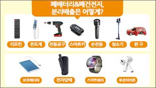 폐배터리&폐건전지, 분리배출은 어떻게? 리모컨, 온도계, 전동공구, 스마트키, 손전등, 무선청소기, 완구, 보조배터리, 전자담배, 스마트워치, 무선이어폰